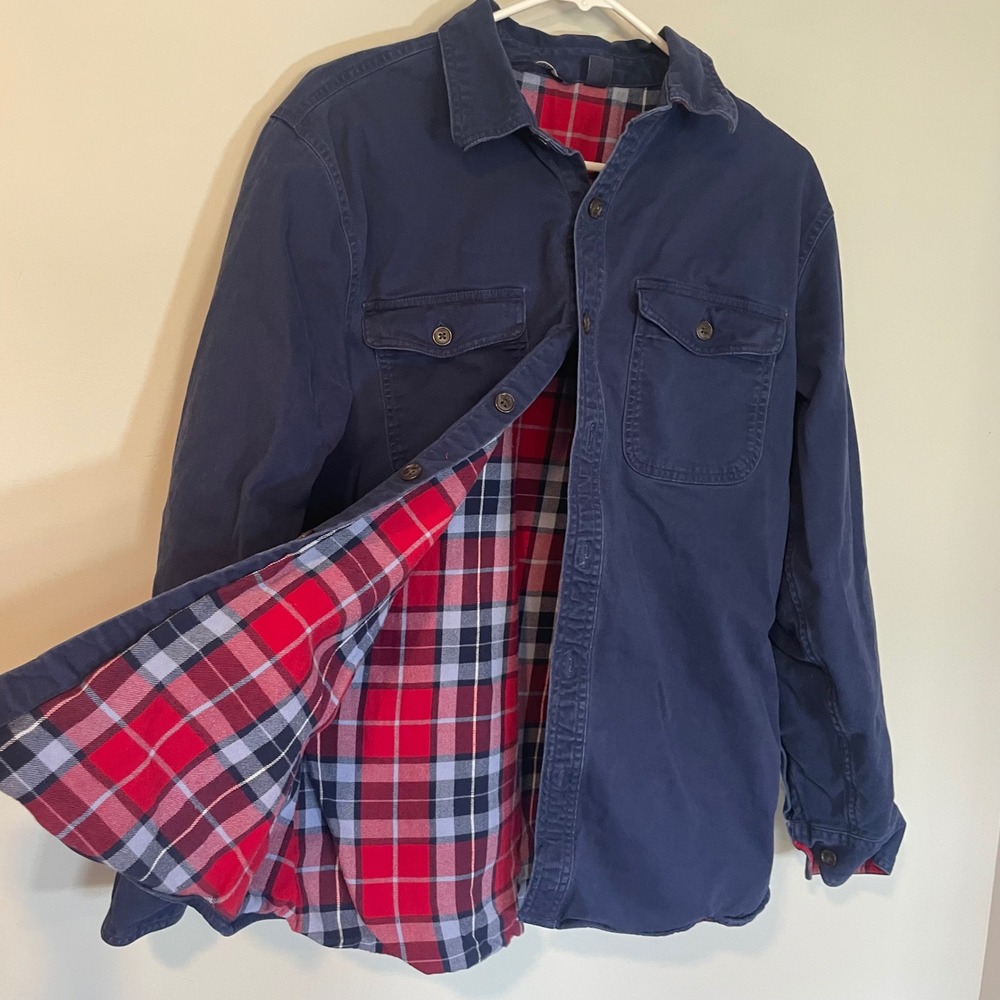 Lands End Mens Blue Flannel Lined Shirt Jacket Shacket Button Up Medium Workwear